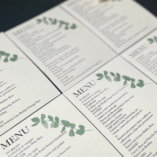 A6 Printed Eucalyptus Table Menu | Minimalist Wedding Menu | Floral Dinner Menu | Flower Table Menu | Emerald Green Eucalyptus Menu