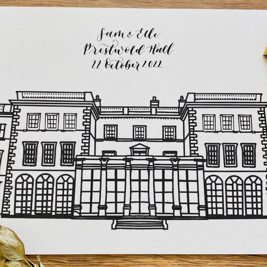 Personalised Prestwold Hall Venue Illustration | Line Drawing Venue Illustration | Bespoke Wedding Day Gift | Fathers Day Sketch Drawing