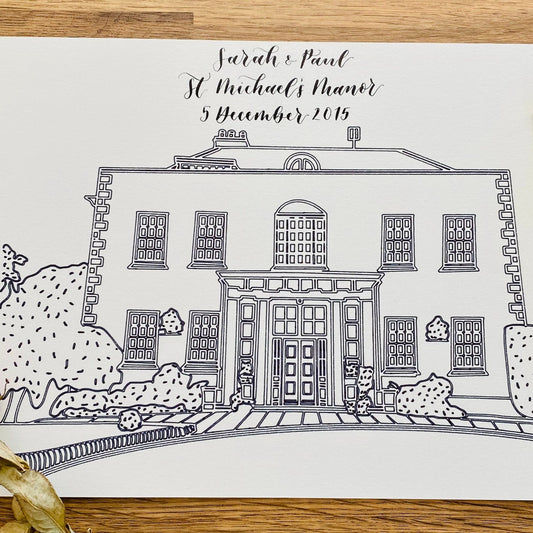 Personalised St Michael's Manor Venue Illustration | Line Drawing Venue Illustration | Bespoke Fathers Day Gift | Wedding Anniversary Gift